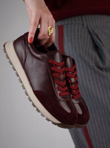 Бордові шкіряні кросівки комбіновані із замшею Classic